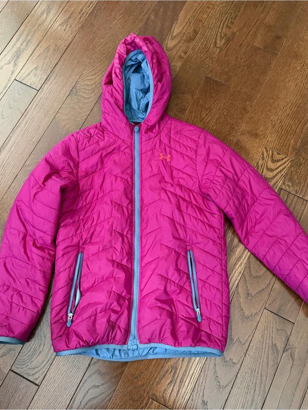 Under Armour Girls' Pink Storm 2 Hooded Puffer Jacket w/ Gray Zippers. Large.